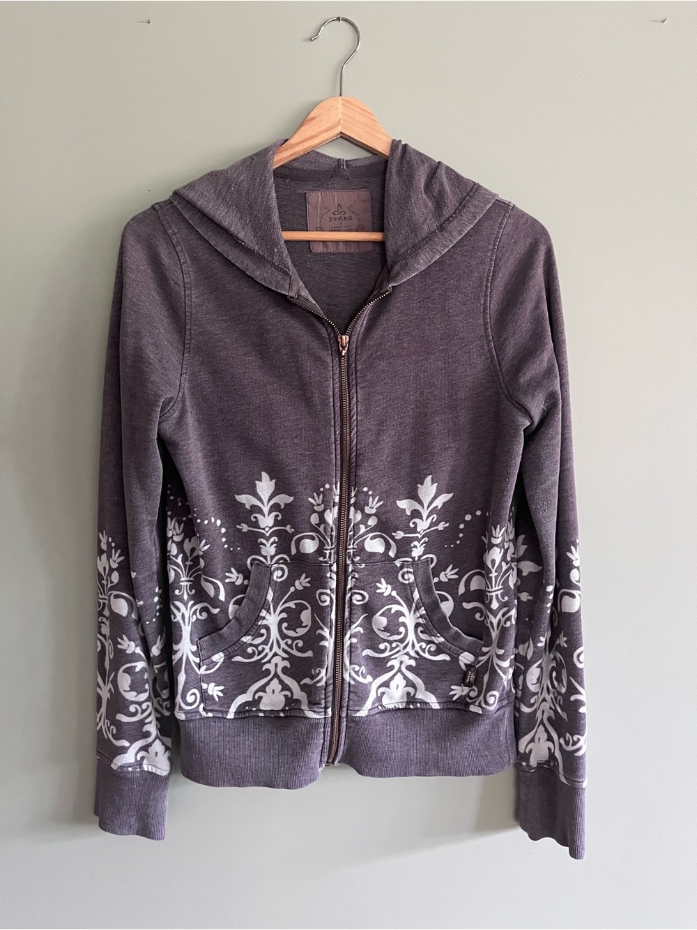 Prana Women's Heather Brown Zip Hoodie with White Scroll Motif